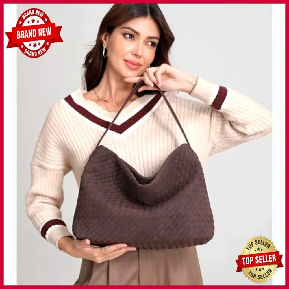 Suede Hobo Bag with Silk Scarf, Woven Shoulder Crossbody Purse